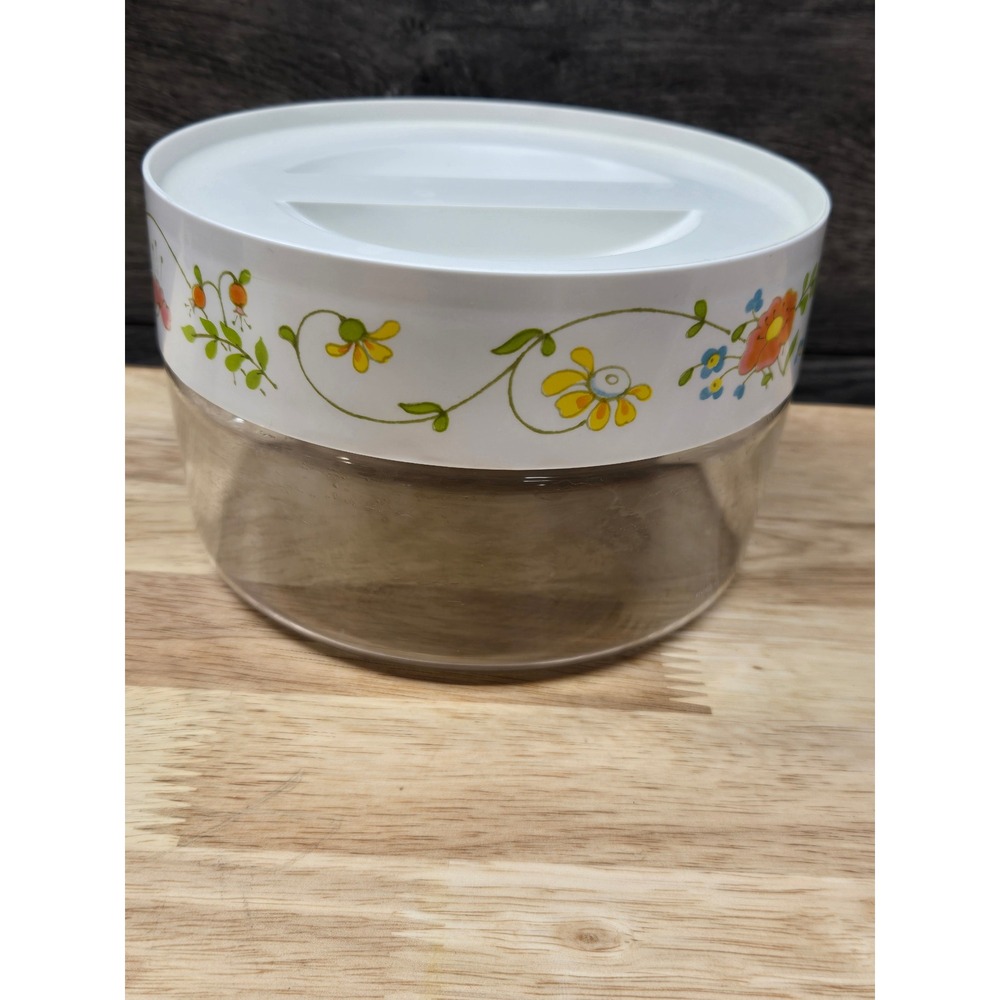 Vintage Pyrex Wildflower Glass Storage Bowl with White Lid Clear Round Floral